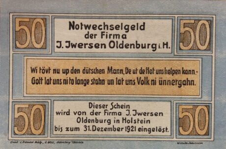 Аверс банкноты 50 fenigów I. Iwersen (Niemcy) 1921