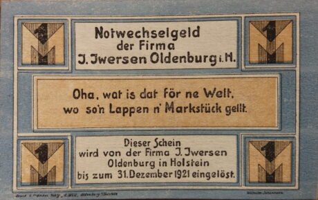 Аверс банкноты 1 marka I. Iwersena (Niemcy) 1921