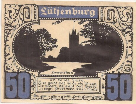 Реверс банкноты 50 fenigów Ost-Holsteinisches Tageblatt und Plöner Zeitung (Niemcy) 1920