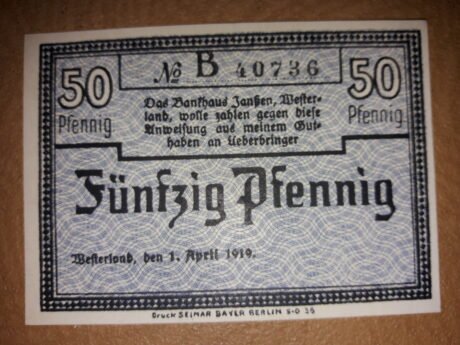Аверс банкноты 50 fenigów Bankhaus Janßen (Niemcy) 1918
