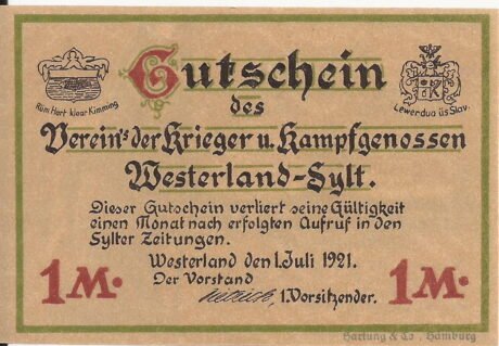 Аверс банкноты 1 znak Verein der Krieger und Kampfgenossen (Niemcy) 1921