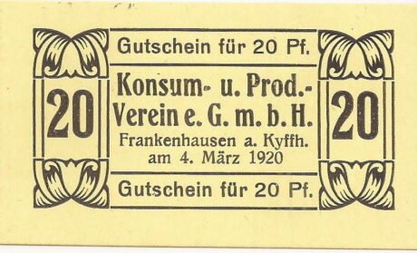 Аверс банкноты 20 fenigów Konsum- und Prod. Verein (Niemcy) 1920