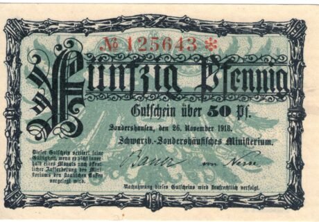 Аверс банкноты 50 fenigów Schwarzburg-Sondershäusisches Ministerium (Niemcy) 1918