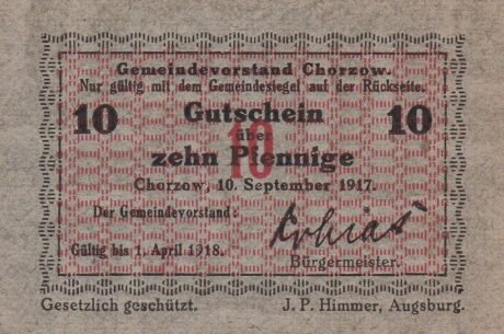 Аверс банкноты 10 fenigów Chorzów (Niemcy) 1917