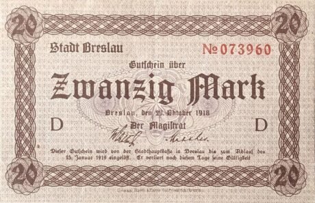 Аверс банкноты 20 marek (Niemcy) 1918