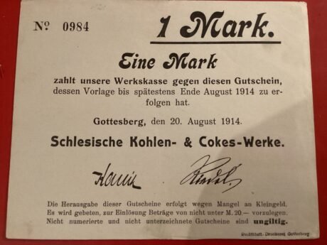 Аверс банкноты 1 marka Schlesische Kohlen- & Cokes-Werke (Niemcy) 1914