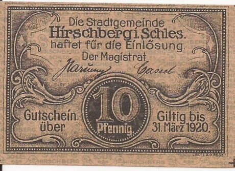 Аверс банкноты 10 fenigów (Niemcy) 1919