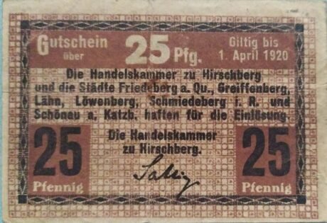 Аверс банкноты 25 fenigów Handelskammer (Niemcy) 1921