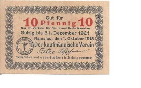 Аверс банкноты 10 fenigów Kaufmännischer Verein (Niemcy) 1918