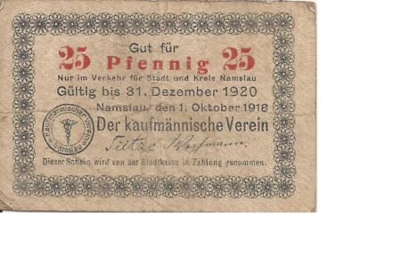 Аверс банкноты 25 fenigów Kaufmännischer Verein (Niemcy) 1918