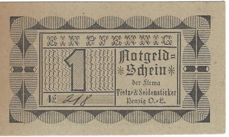 Аверс банкноты 1 fenig Tietze i Seidensticker (Niemcy) 1916