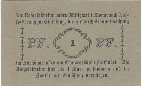 Реверс банкноты 1 пфеннигов Tietze and Seidensticker (Германия) 1916 года