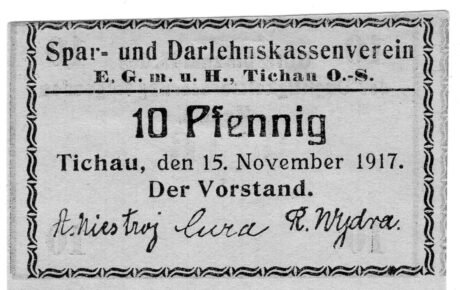 Аверс банкноты 10 fenigów Spar- und Darlehnskassenverein (Niemcy) 1917
