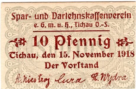 Аверс банкноты 10 fenigów Spar- und Darlehnskassenverein (Niemcy) 1918