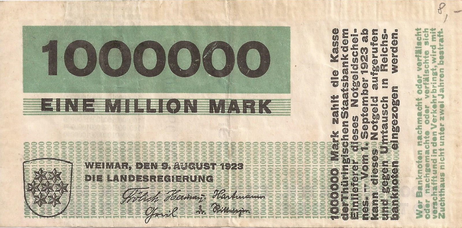 Аверс банкноты 1000000 марок Thüringische Staatsbank, green issue (Германия) 1923 года