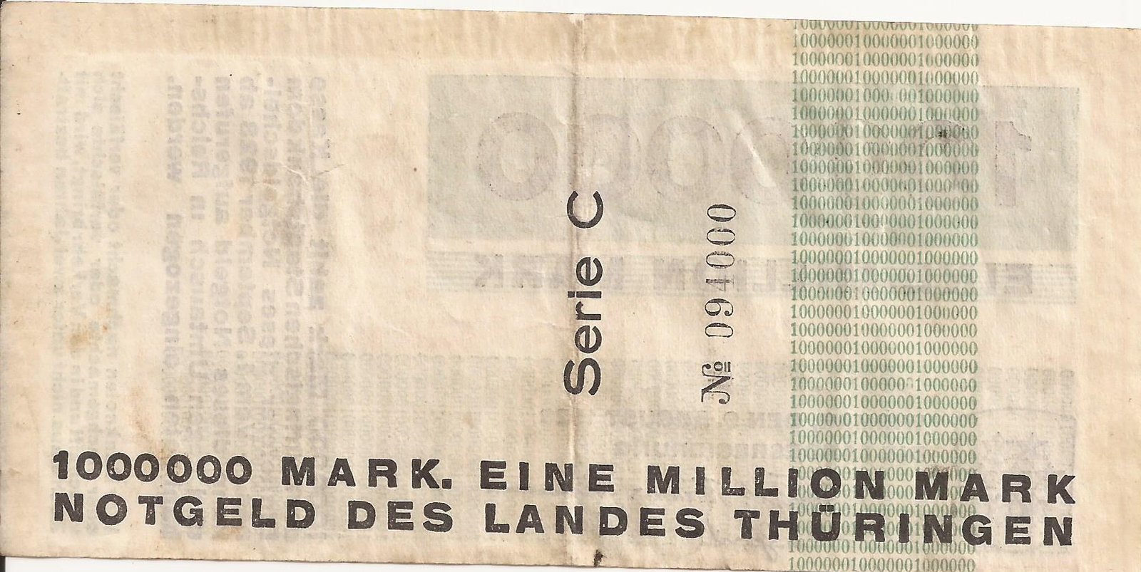 Реверс банкноты 1000000 марок Thüringische Staatsbank, green issue (Германия) 1923 года