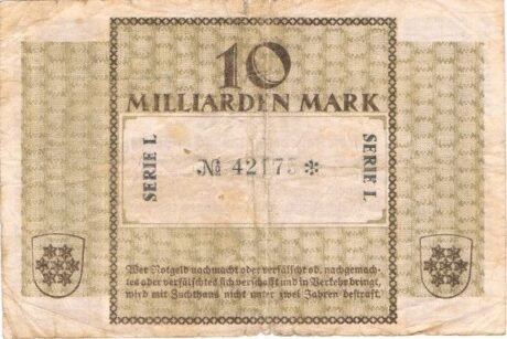 Реверс банкноты 10000000000 марок Thüringische Staatsbank (Германия) 1923 года