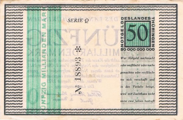 Реверс банкноты 50000000000 марок Thüringische Staatsbank (Германия) 1923 года