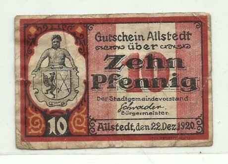 Аверс банкноты 10 fenigów (Niemcy) 1920