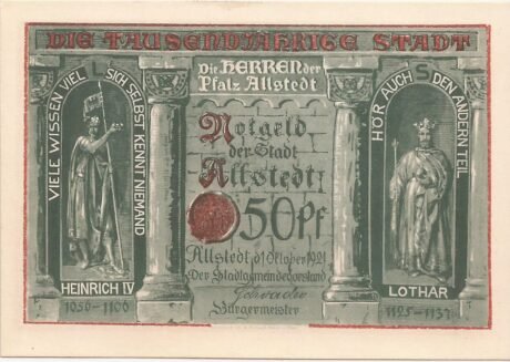 Аверс банкноты Seria milenijna 50 fenigów – numer 6: Heinrich IV + Lothar (Niemcy) 1921