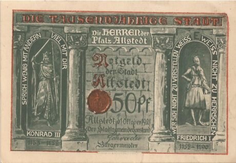 Аверс банкноты 50 fenigów, seria milenijna, numer 7: Konrad III + Fryderyk I (Niemcy) 1921