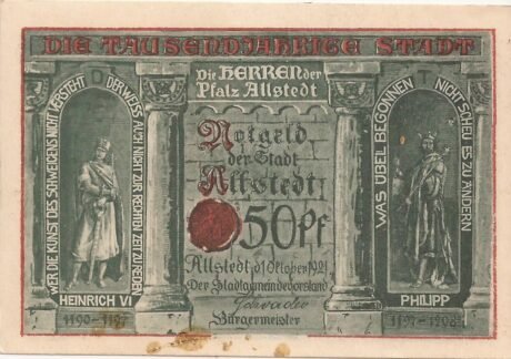 Аверс банкноты 50 Pfennigów Seria Tysiąclecia Wydanie 8: Heinrich VI + Philipp (Niemcy) 1921