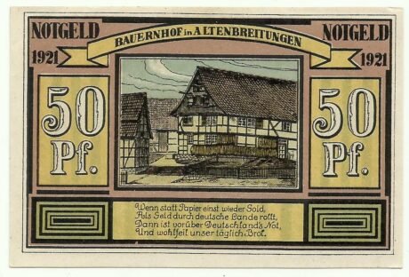 Реверс банкноты Seria zabytków 50 fenigów - Bauernhof w Altenbreitungen (Niemcy) 1921
