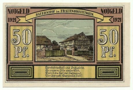 Реверс банкноты Seria zabytków 50 fenigów - Bauernhof w Frauenbreitungen (Niemcy) 1921
