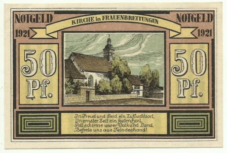Реверс банкноты Seria zabytków 50 fenigów - Kirche in Frauenbreitungen (Niemcy) 1921