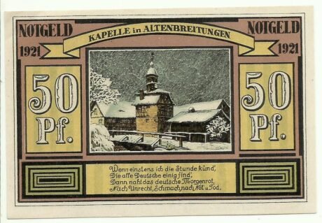 Реверс банкноты Seria celowników 50 fenigów - Kapelle w Altenbreitungen (Niemcy) 1921