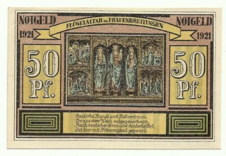 Реверс банкноты Seria celowników 50 fenigów - Flügelaltar w Frauenbreitungen (Niemcy) 1921