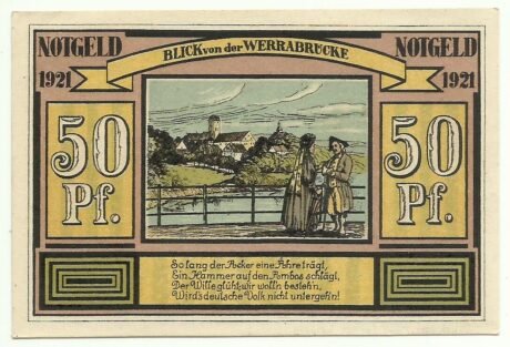 Реверс банкноты Seria celowników 50 fenigów - Blick von der Werrabrücke (Niemcy) 1921