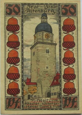 Реверс банкноты Seria Skat 50 fenigów - Nikolaiturm (Niemcy) 1921