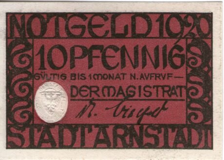 Аверс банкноты 10 fenigów (Niemcy) 1920