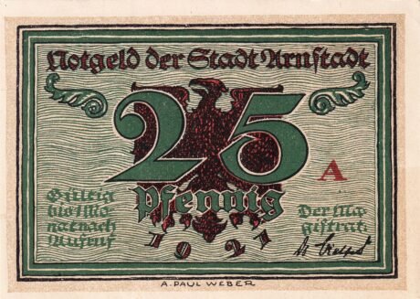 Аверс банкноты Seria 25 fenigów „Notables and Sights” – numer 1 – Bach (Niemcy) 1921