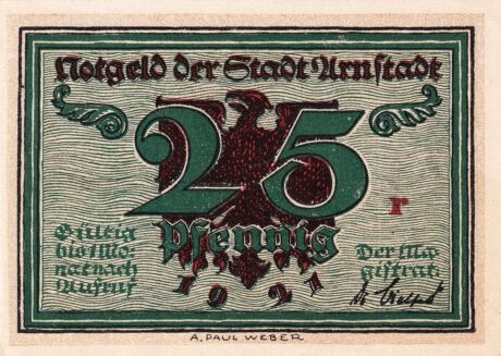 Аверс банкноты 25 fenigów Seria „Notables and Sights” – Wydanie 2 – Kościół św. Bonifacego (Niemcy) 1921