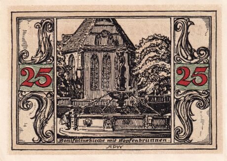 Реверс банкноты 25 fenigów Seria „Notables and Sights” – Wydanie 2 – Kościół św. Bonifacego (Niemcy) 1921
