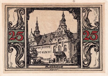 Реверс банкноты Seria 25 fenigów „Notables and Sights” – numer 4 – Rathaus (Niemcy) 1921