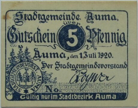 Аверс банкноты 5 fenigów (Niemcy) 1920