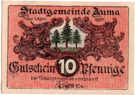 Аверс банкноты 10 fenigów (Niemcy) 1921