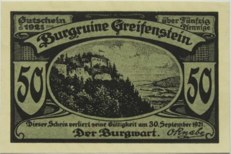 Аверс банкноты 50 fenigów Burgruine Greifenstein (Niemcy) 1921
