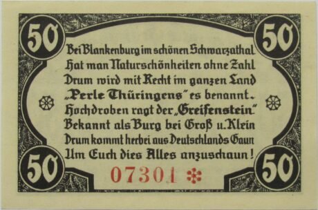 Реверс банкноты 50 fenigów Burgruine Greifenstein (Niemcy) 1921