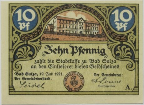 Аверс банкноты 10 fenigów Spa Series, wydanie A (Niemcy) 1921