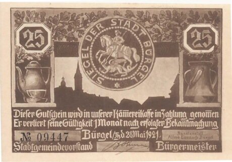 Аверс банкноты Seria myśliwska 25 fenigów, numer 2 (Niemcy) 1921