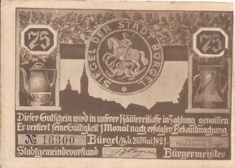 Аверс банкноты 75 fenigów Seria myśliwska Numer 6 (Niemcy) 1921