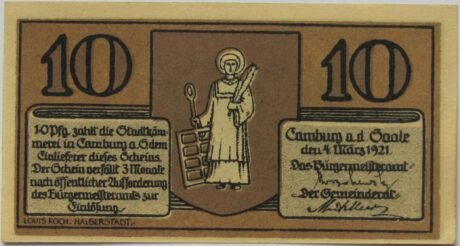 Аверс банкноты 10 fenigów (Niemcy) 1921