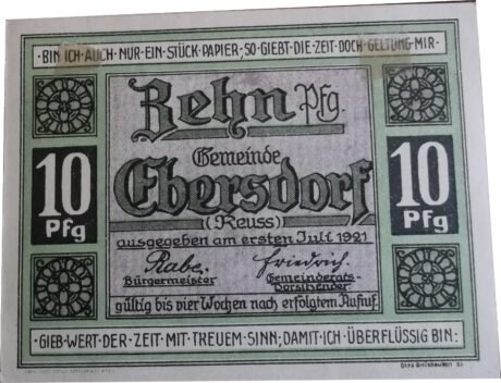 Аверс банкноты 10 fenigów (Niemcy) 1921