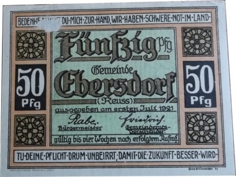 Аверс банкноты 50 fenigów (Niemcy) 1921