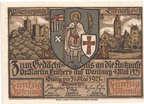 Аверс банкноты 50 fenigów Seria Jubileuszowa Lutra (Niemcy) 1921