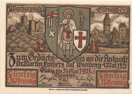 Аверс банкноты 50 fenigów Seria Jubileuszowa Lutra (Niemcy) 1921